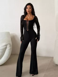 Lace Up Flare Jumpsuit For Women - Black Gothic Floral Lace Long Sleeve Bodycon Romper - Spring Party Clubwear 2026