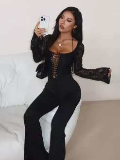Lace Up Flare Jumpsuit For Women - Black Gothic Floral Lace Long Sleeve Bodycon Romper - Spring Party Clubwear 2026