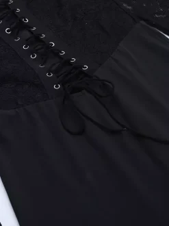 Lace Up Flare Jumpsuit For Women - Black Gothic Floral Lace Long Sleeve Bodycon Romper - Spring Party Clubwear 2026
