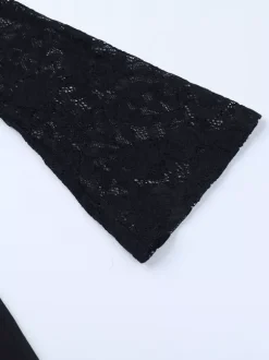Lace Up Flare Jumpsuit For Women - Black Gothic Floral Lace Long Sleeve Bodycon Romper - Spring Party Clubwear 2026