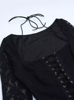 Lace Up Flare Jumpsuit For Women - Black Gothic Floral Lace Long Sleeve Bodycon Romper - Spring Party Clubwear 2026