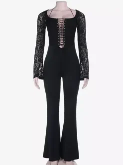 Lace Up Flare Jumpsuit For Women - Black Gothic Floral Lace Long Sleeve Bodycon Romper - Spring Party Clubwear 2026
