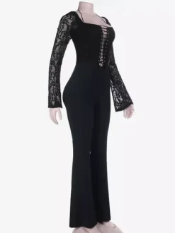 Lace Up Flare Jumpsuit For Women - Black Gothic Floral Lace Long Sleeve Bodycon Romper - Spring Party Clubwear 2026