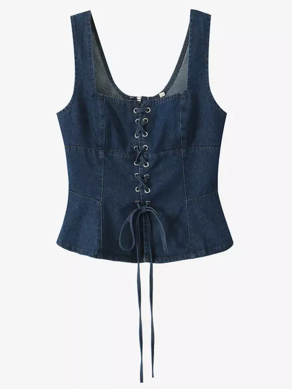 Lace-Up Front Denim Corset Top For Women 2026
