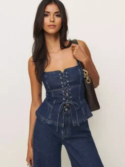 Lace-Up Front Denim Corset Top For Women 2026