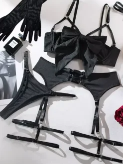 Lace Up Lingerie Burgundy 5-Piece Bra Panty Sets