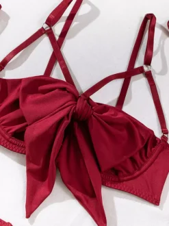 Lace Up Lingerie Burgundy 5-Piece Bra Panty Sets