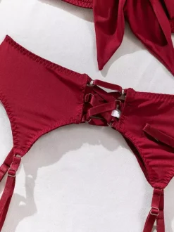 Lace Up Lingerie Burgundy 5-Piece Bra Panty Sets