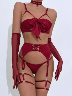 Lace Up Lingerie Burgundy 5-Piece Bra Panty Sets