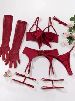 Lace Up Lingerie Burgundy 5-Piece Bra Panty Sets
