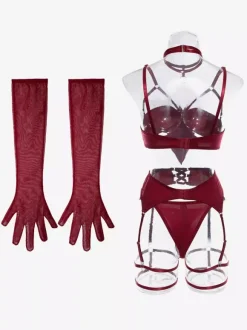 Lace Up Lingerie Burgundy 5-Piece Bra Panty Sets