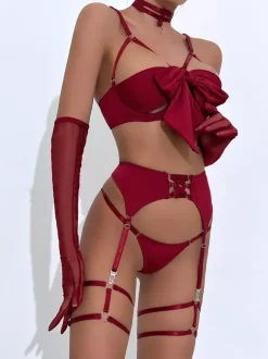 Lace Up Lingerie Burgundy 5-Piece Bra Panty Sets