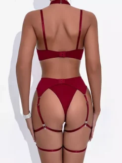 Lace Up Lingerie Burgundy 5-Piece Bra Panty Sets