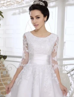 Lace Wedding Dress Illusion Half Sleeve Tea Length Bridal Dress Free Customization