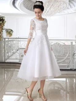 Lace Wedding Dress Illusion Half Sleeve Tea Length Bridal Dress Free Customization