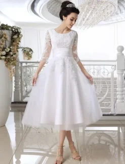 Lace Wedding Dress Illusion Half Sleeve Tea Length Bridal Dress Free Customization