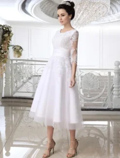 Lace Wedding Dress Illusion Half Sleeve Tea Length Bridal Dress Free Customization