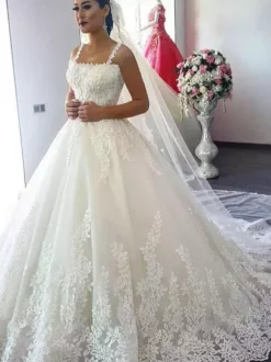 Lace wedding dress square neckline with straps lace-up back long train