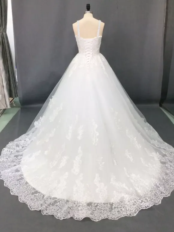 Lace wedding dress square neckline with straps lace-up back long train