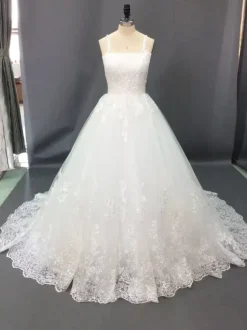 Lace wedding dress square neckline with straps lace-up back long train