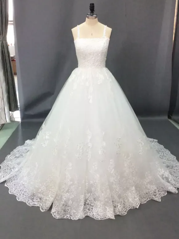 Lace wedding dress square neckline with straps lace-up back long train