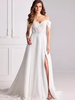 Lace Wedding Dress Sweetheart Neck Short Sleeves With Train Chiffon Bridal Dresses