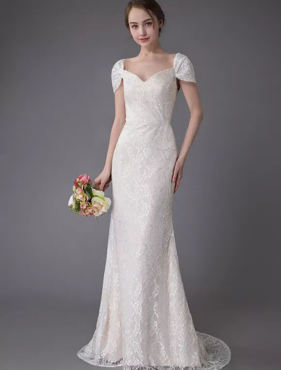 Lace Wedding Dress Vanilla Cream Sweetheart Short Sleeve Bridal Dress Mermaid Bridal Gown With Train