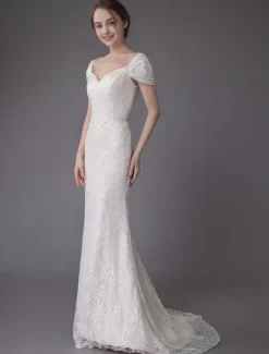 Lace Wedding Dress Vanilla Cream Sweetheart Short Sleeve Bridal Dress Mermaid Bridal Gown With Train