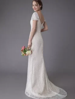 Lace Wedding Dress Vanilla Cream Sweetheart Short Sleeve Bridal Dress Mermaid Bridal Gown With Train