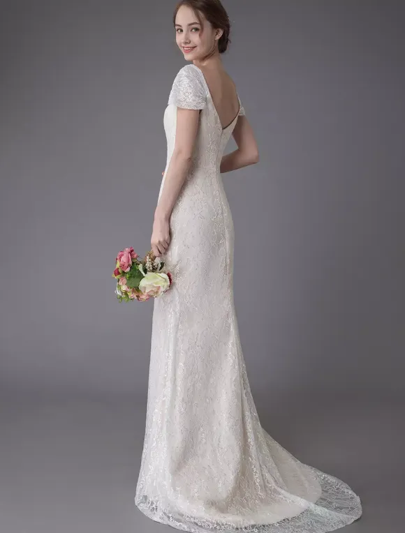 Lace Wedding Dress Vanilla Cream Sweetheart Short Sleeve Bridal Dress Mermaid Bridal Gown With Train