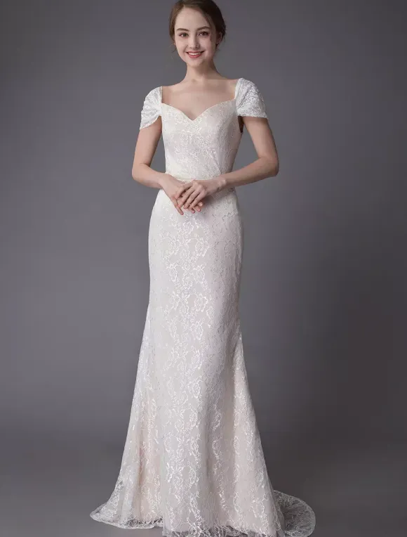 Lace Wedding Dress Vanilla Cream Sweetheart Short Sleeve Bridal Dress Mermaid Bridal Gown With Train