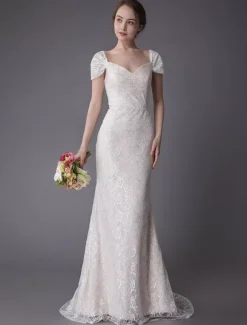 Lace Wedding Dress Vanilla Cream Sweetheart Short Sleeve Bridal Dress Mermaid Bridal Gown With Train