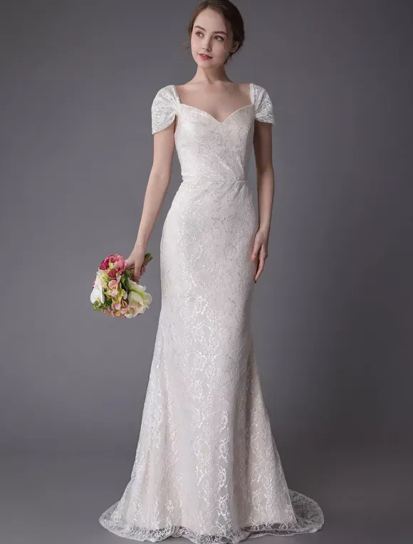 Lace Wedding Dress Vanilla Cream Sweetheart Short Sleeve Bridal Dress Mermaid Bridal Gown With Train