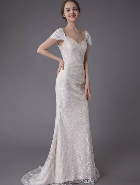 Lace Wedding Dress Vanilla Cream Sweetheart Short Sleeve Bridal Dress Mermaid Bridal Gown With Train