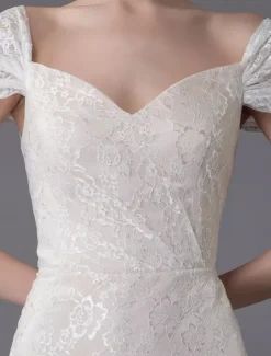 Lace Wedding Dress Vanilla Cream Sweetheart Short Sleeve Bridal Dress Mermaid Bridal Gown With Train
