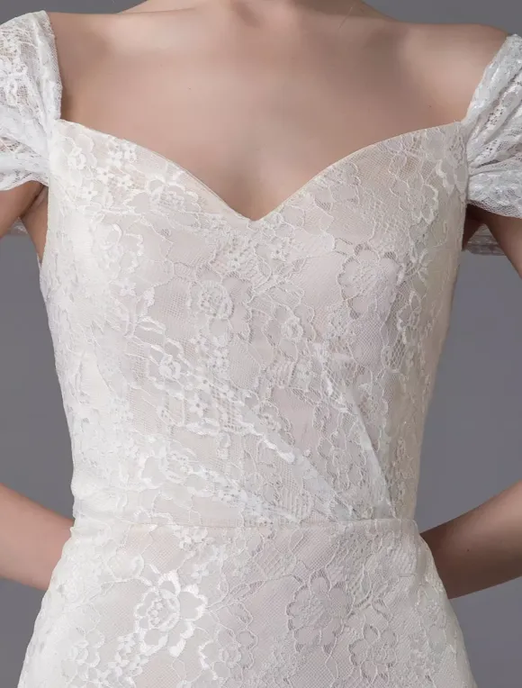 Lace Wedding Dress Vanilla Cream Sweetheart Short Sleeve Bridal Dress Mermaid Bridal Gown With Train
