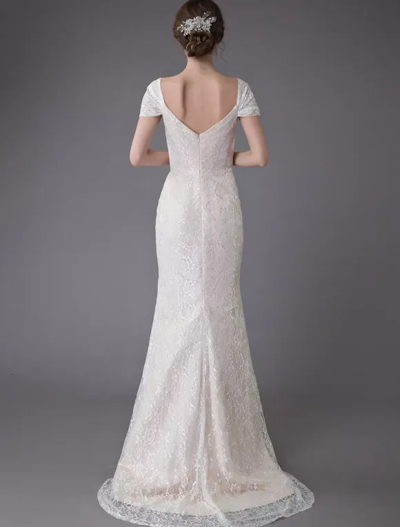 Lace Wedding Dress Vanilla Cream Sweetheart Short Sleeve Bridal Dress Mermaid Bridal Gown With Train