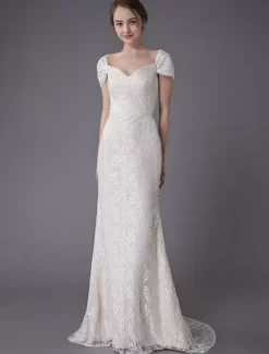 Lace Wedding Dress Vanilla Cream Sweetheart Short Sleeve Bridal Dress Mermaid Bridal Gown With Train