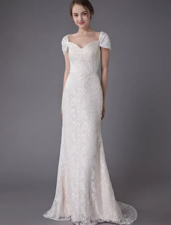Lace Wedding Dress Vanilla Cream Sweetheart Short Sleeve Bridal Dress Mermaid Bridal Gown With Train
