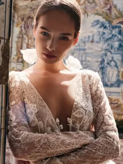 Lace Wedding Dress V-Neck Long Sleeves With Train Tulle Bridal Gowns