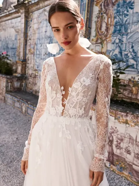 Lace Wedding Dress V-Neck Long Sleeves With Train Tulle Bridal Gowns