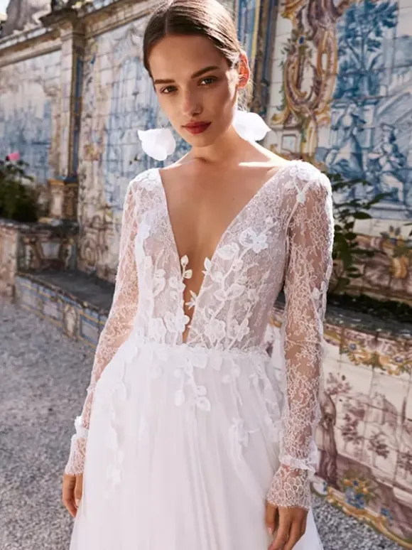 Lace Wedding Dress V-Neck Long Sleeves With Train Tulle Bridal Gowns