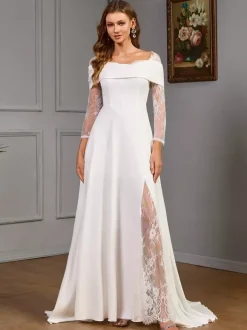 Lace Wedding Dress With Train Ball Gown Long Sleeves Satin Fabric Designed Neckline Bridal Gowns