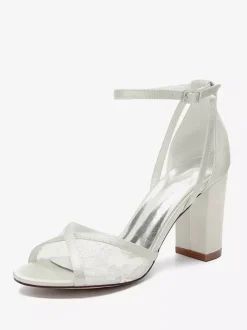 Lace Wedding Shoes Ivory Open Toe Chunky Heel Ankle Strap Bridal Shoes
