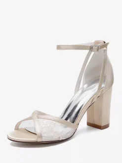 Lace Wedding Shoes Ivory Open Toe Chunky Heel Ankle Strap Bridal Shoes