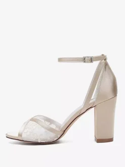 Lace Wedding Shoes Ivory Open Toe Chunky Heel Ankle Strap Bridal Shoes