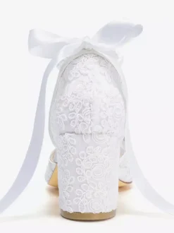Lace Wedding Shoes Pointed Toe Pearls Chunky Heel Ankle Strap Bridal Shoes