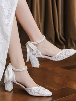 Lace Wedding Shoes Pointed Toe Pearls Chunky Heel Ankle Strap Bridal Shoes