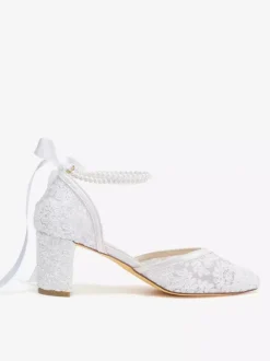 Lace Wedding Shoes Pointed Toe Pearls Chunky Heel Ankle Strap Bridal Shoes