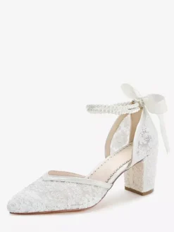 Lace Wedding Shoes Pointed Toe Pearls Chunky Heel Ankle Strap Bridal Shoes